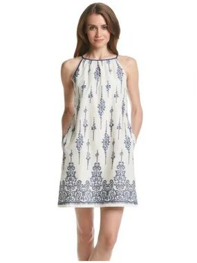 Just...Taylor White Dress with Navy Trim and Embroidery 6